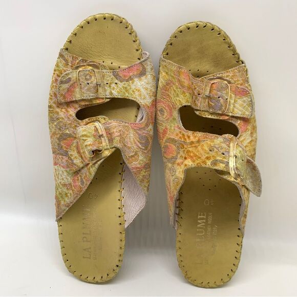 La Plume Floral Leather Yellow Slip on  Made in Italy Sandals Size 9 EUR 40 - Picture 9 of 13
